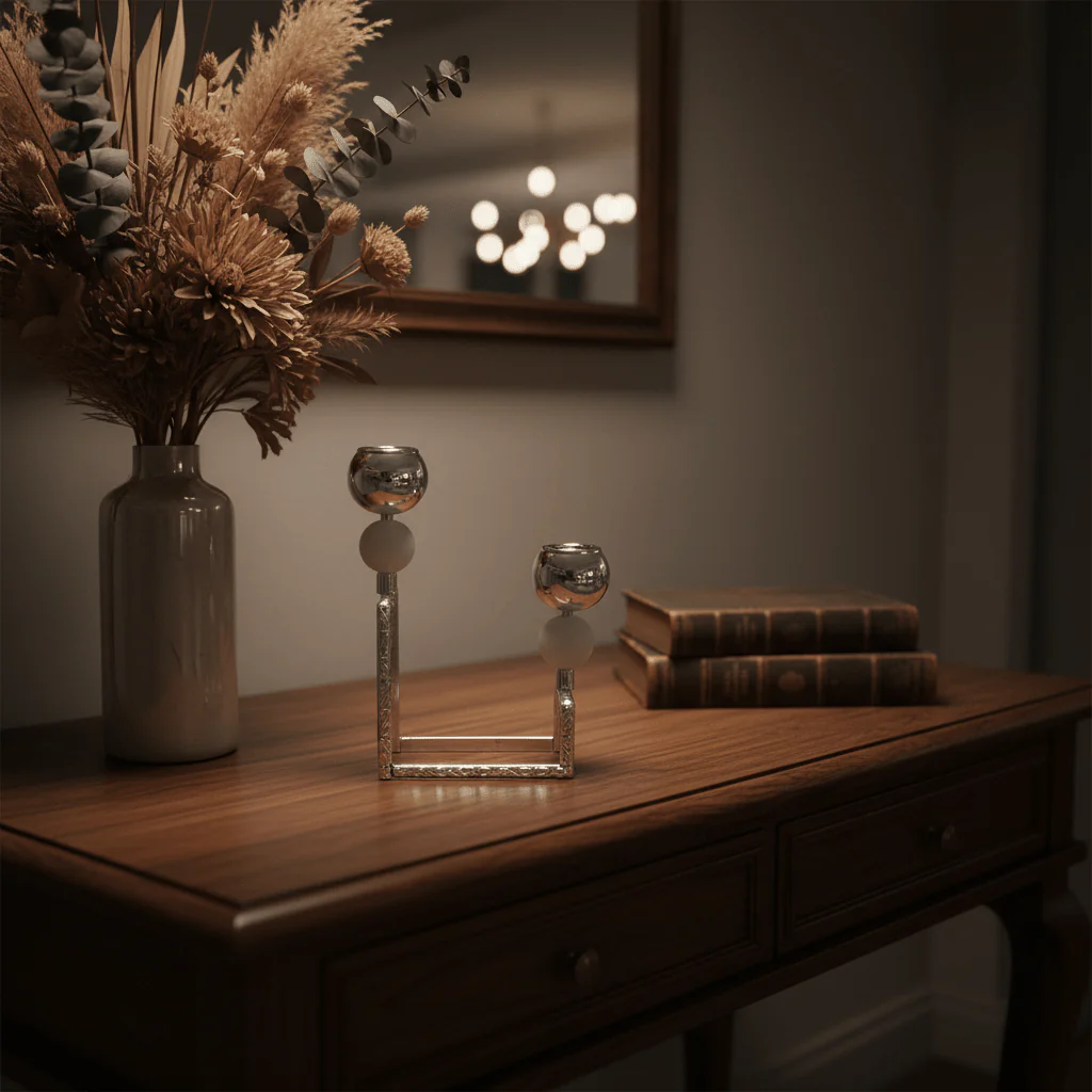2-Way Silver Metal Candle Holder | Dual Globe Candlestick | 9×18cm - Image 3