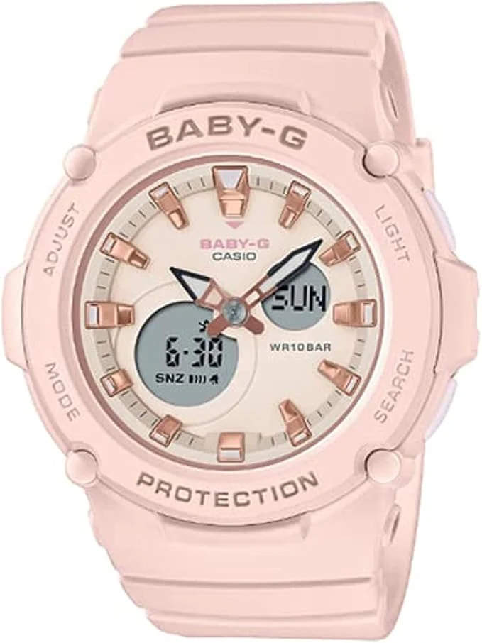 Casio Baby-G BGA-275-4A analog-digital watch with a peach resin case and strap, and a cream-colored dial