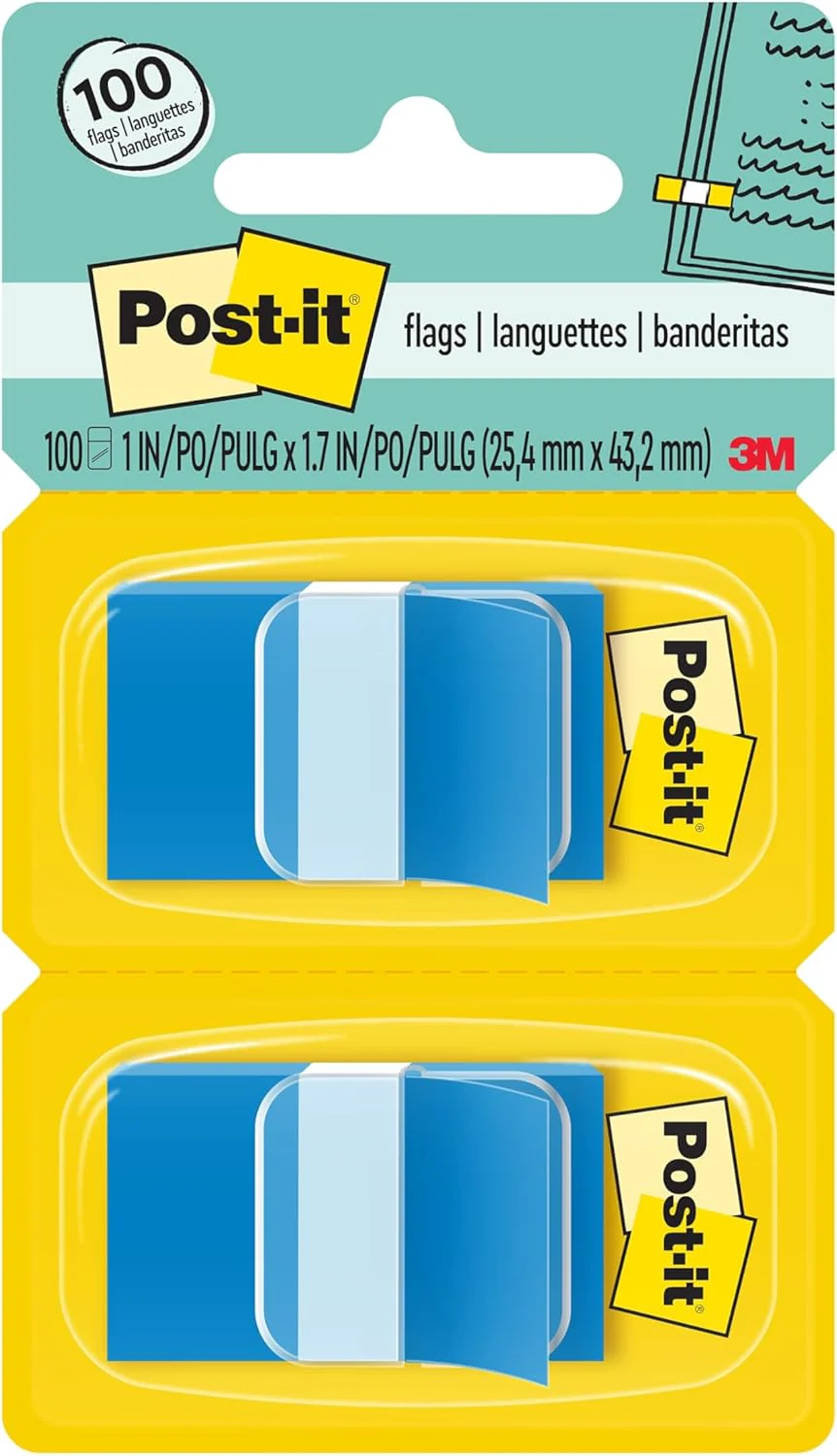 Post-it Flags, 50/Dispenser, 2 Dispensers/Pack, 1 in Wide, Bright Blue (680-BB2)