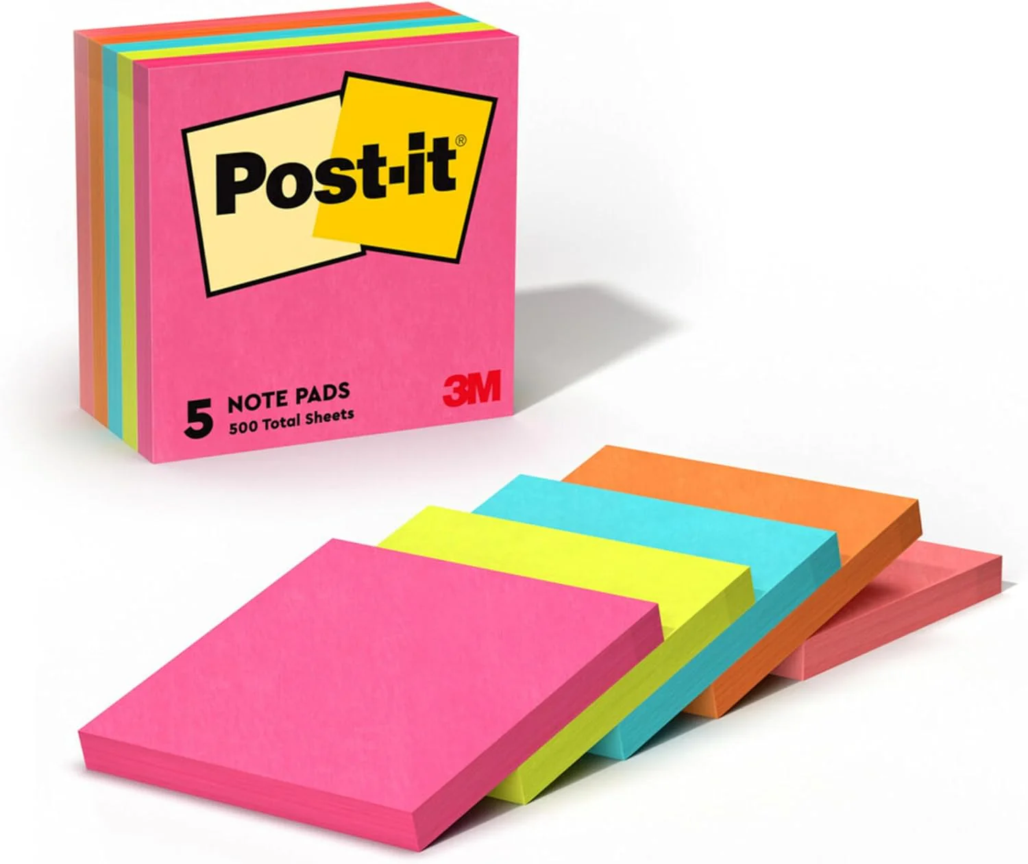 Post-it Notes Neon Colors 654-5PK3 x 3 in (76 x 76 mm), 5 pads/pack | Assorted Colors | Sticky Notes | For Note Taking, To Do Lists and Reminders | Clean Removal | Recyclable | 100 sheets/pad
