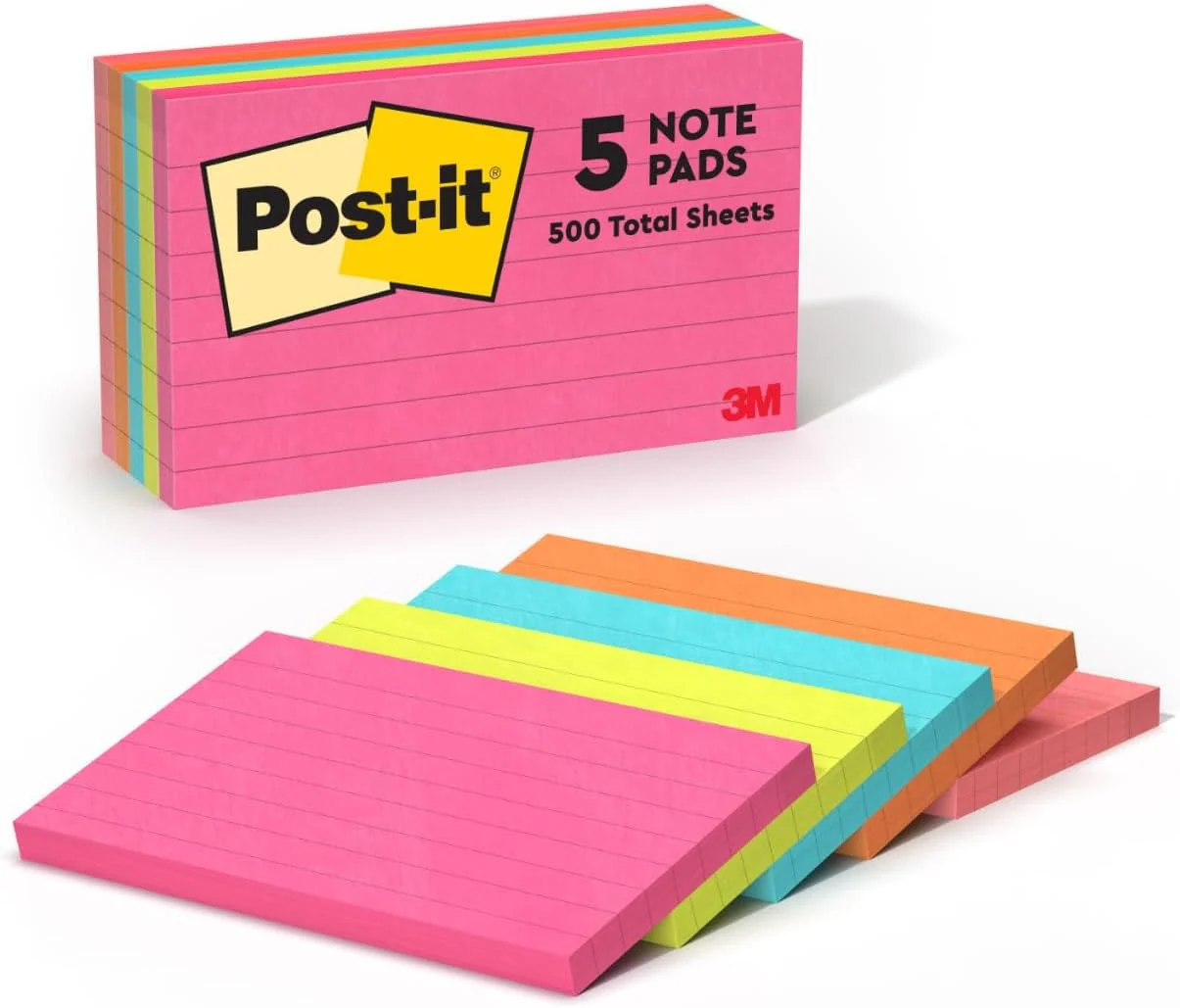 Post-it Notes Neon Colors 635-5AN, 3 x 5 in (76 mm x 127 mm), Lined, Pastel Colors - Sticky Notes For Note Taking, To Do Lists and Reminders, Clean Removal, Recyclable, 100 sheets/pad, 5 pads/pack