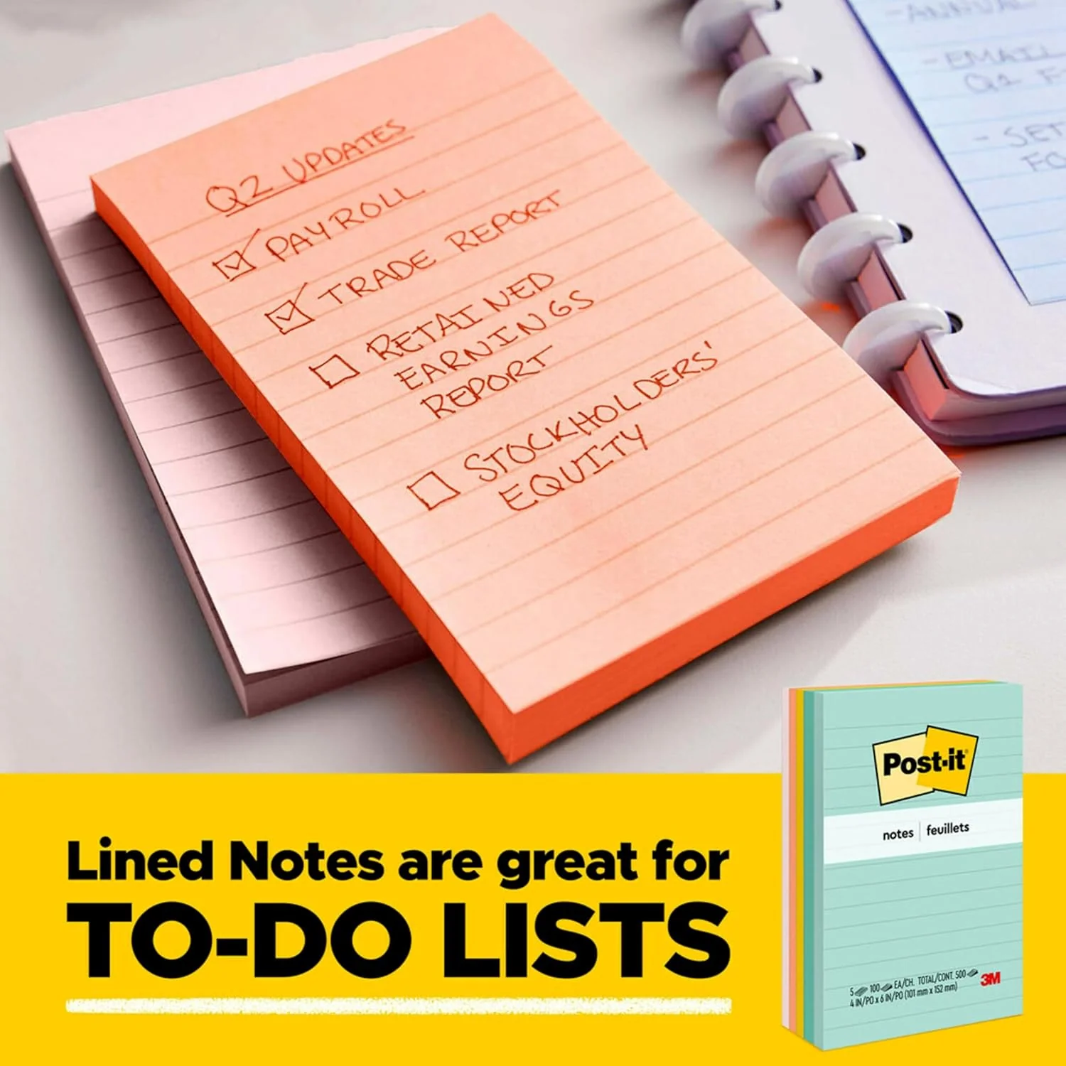 Post-it Notes Neon Colors 635-5AN, 3 x 5 in (76 mm x 127 mm), Lined, Pastel Colors - Sticky Notes For Note Taking, To Do Lists and Reminders, Clean Removal, Recyclable, 100 sheets/pad, 5 pads/pack - Image 5