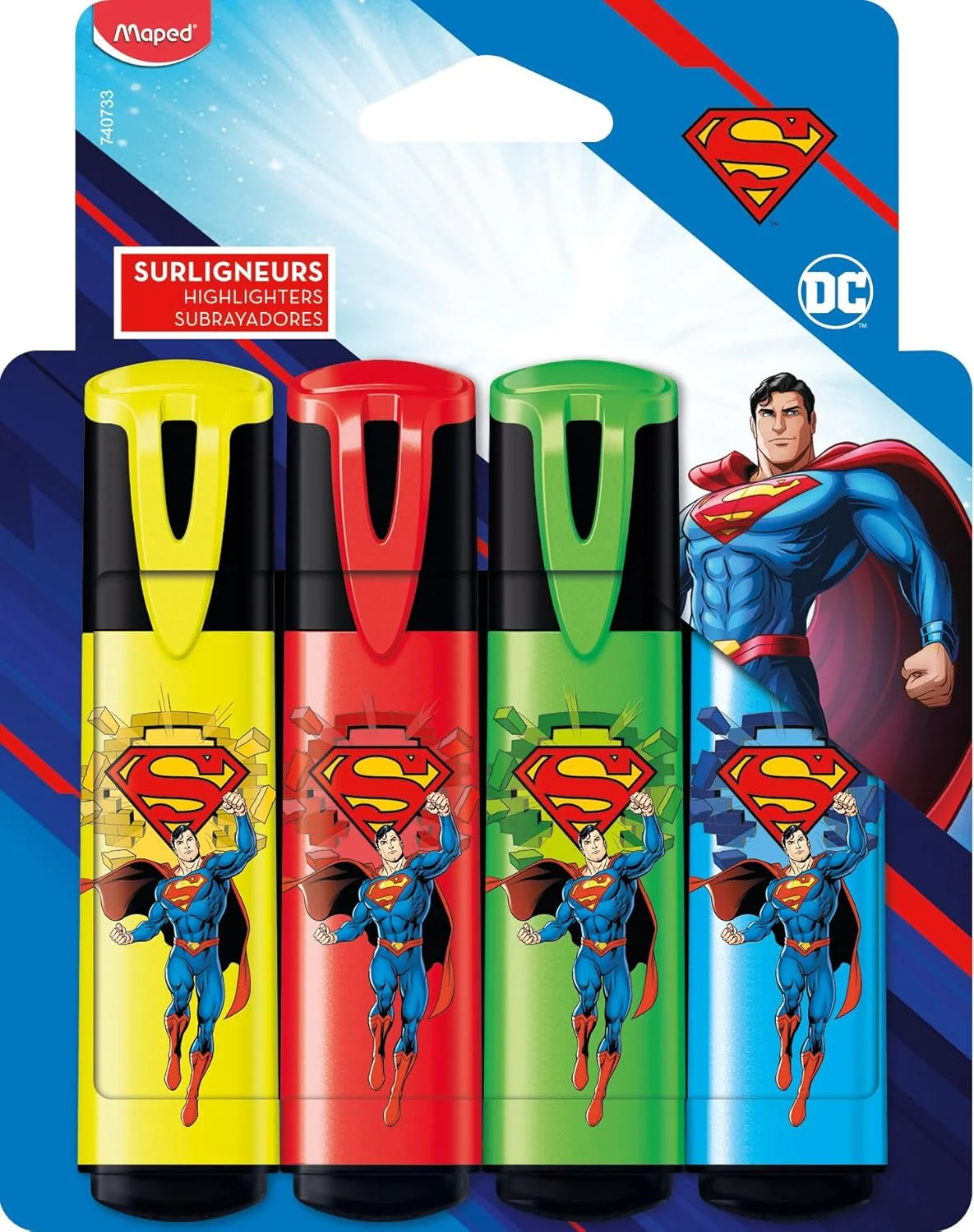 Maped - 4 Superman Highlighters in Bright Colours - Chisel Tip - Long Lasting Highlighters for School and Professional Use - Yellow + Red + Green + Blue