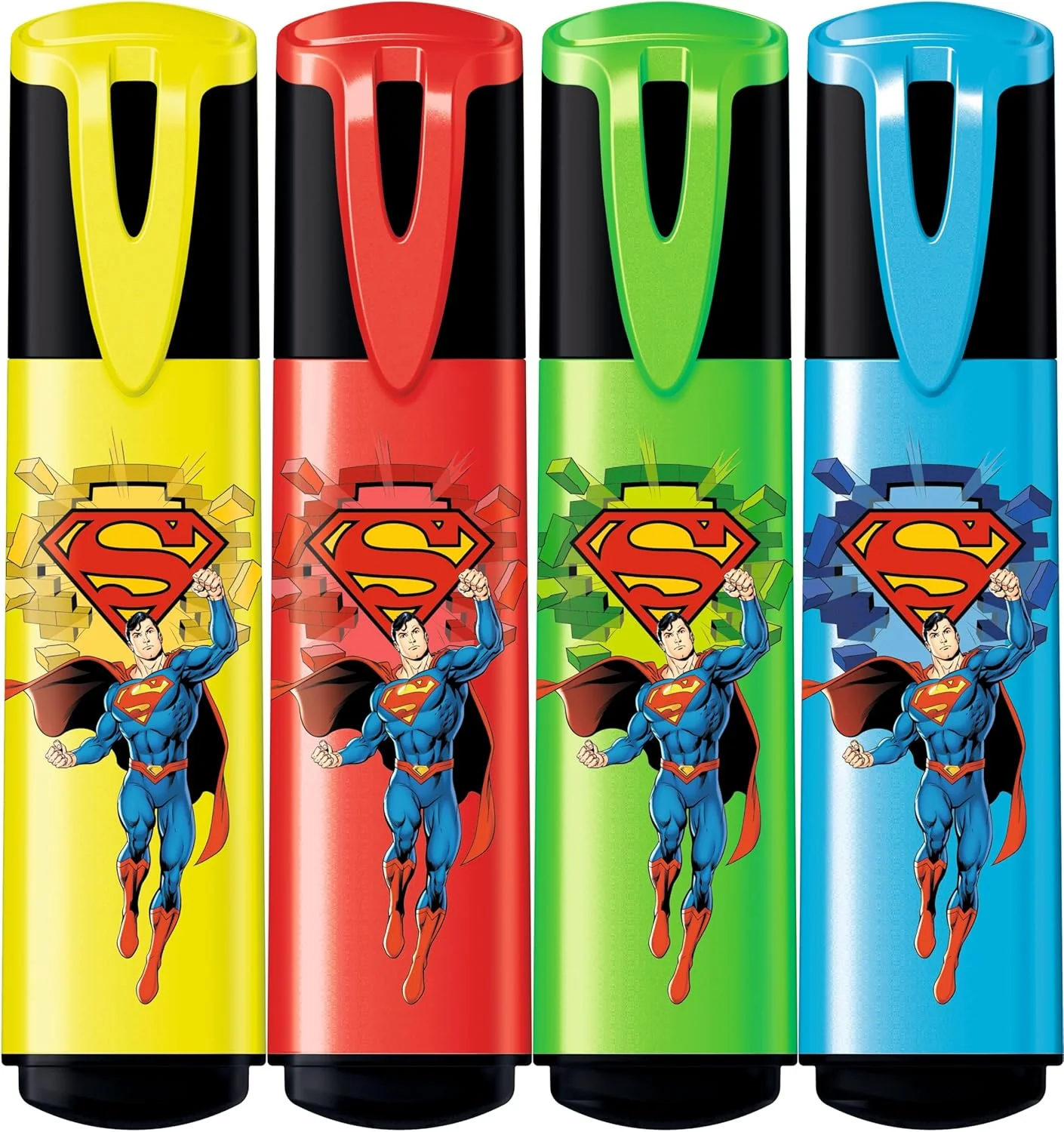 Maped - 4 Superman Highlighters in Bright Colours - Chisel Tip - Long Lasting Highlighters for School and Professional Use - Yellow + Red + Green + Blue - Image 2