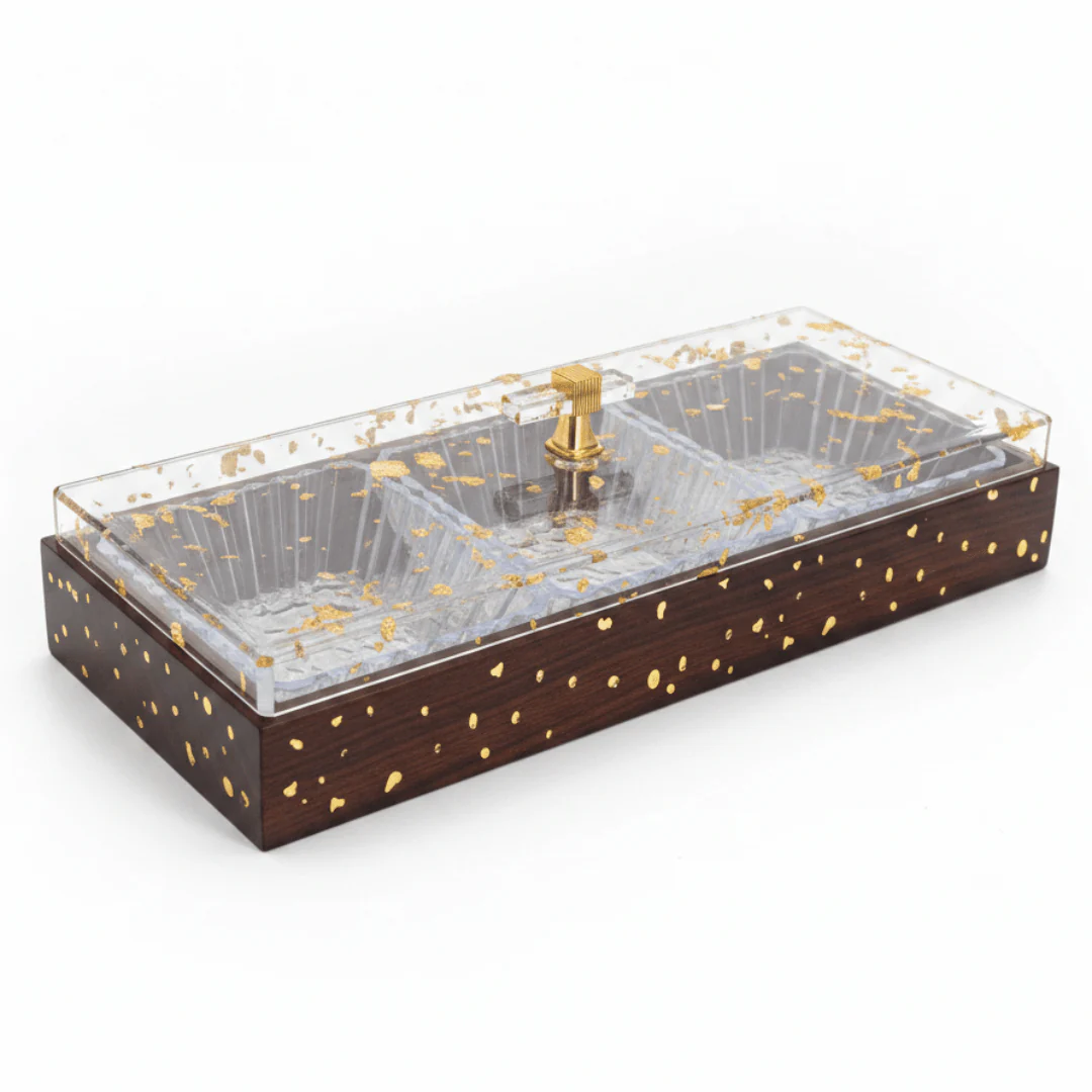 Luxury 3-Piece Acrylic Candy Serving Bowl | Gold Leaf Resin Lid | Dark Mahogany Wooden Tray | 36×13 cm