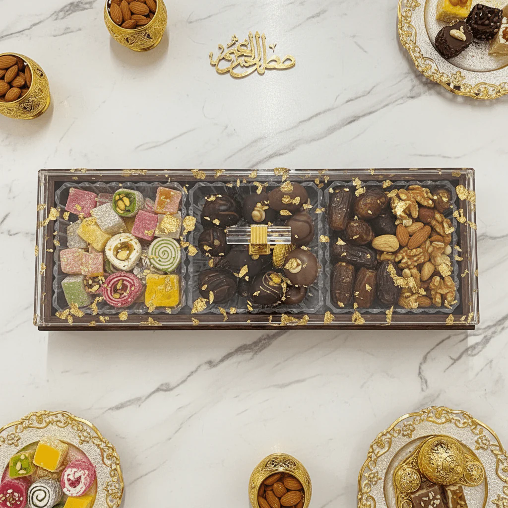 Luxury 3-Piece Acrylic Candy Serving Bowl | Gold Leaf Resin Lid | Dark Mahogany Wooden Tray | 36×13 cm - Image 2