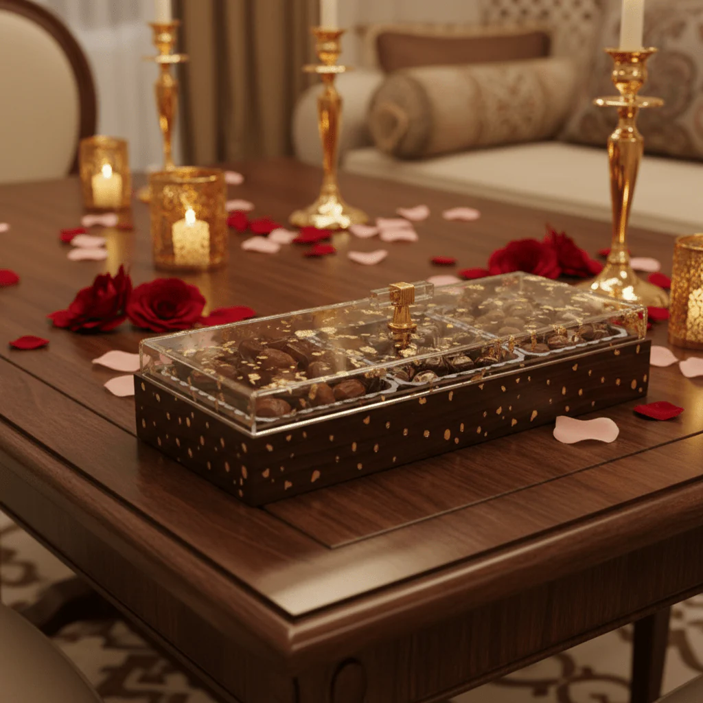 Luxury 3-Piece Acrylic Candy Serving Bowl | Gold Leaf Resin Lid | Dark Mahogany Wooden Tray | 36×13 cm - Image 3