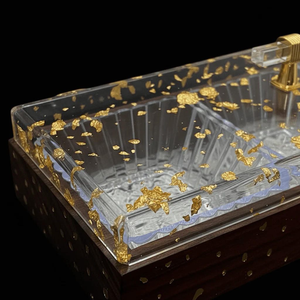 Luxury 3-Piece Acrylic Candy Serving Bowl | Gold Leaf Resin Lid | Dark Mahogany Wooden Tray | 36×13 cm - Image 4