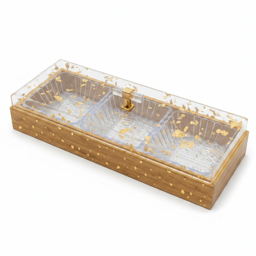 Luxury 3-Piece Acrylic Crystal Candy Bowl Set | Rectangular Honey Brown Wooden Tray with Gold Flake Acrylic Lid | 36×13 cm