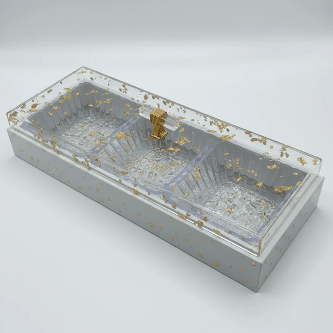 3-Piece Crystal Acrylic Candy Bowl Set | White Wooden Tray & Gold Flake Lid | 36×13 cm