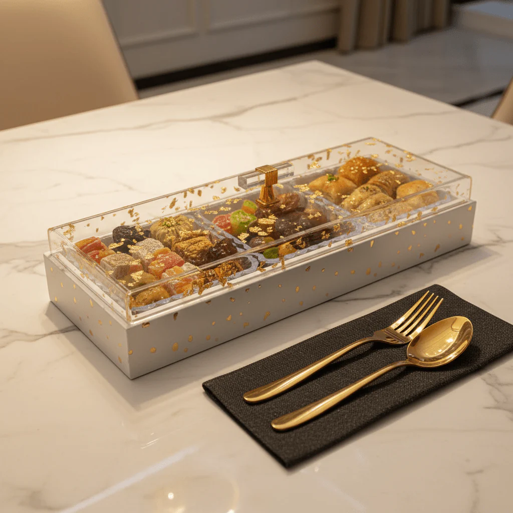 3-Piece Crystal Acrylic Candy Bowl Set | White Wooden Tray & Gold Flake Lid | 36×13 cm - Image 2