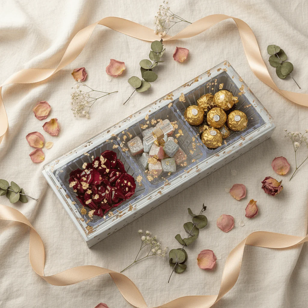 3-Piece Crystal Acrylic Candy Bowl Set | White Wooden Tray & Gold Flake Lid | 36×13 cm - Image 4