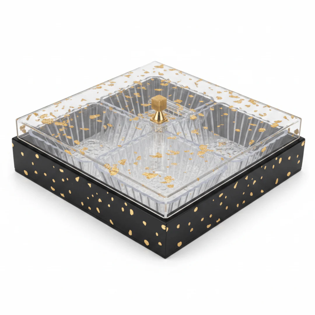 4-Piece Acrylic Crystal Candy Bowl Set with Black Wooden Tray & Gold Foil Lid | 24×24cm