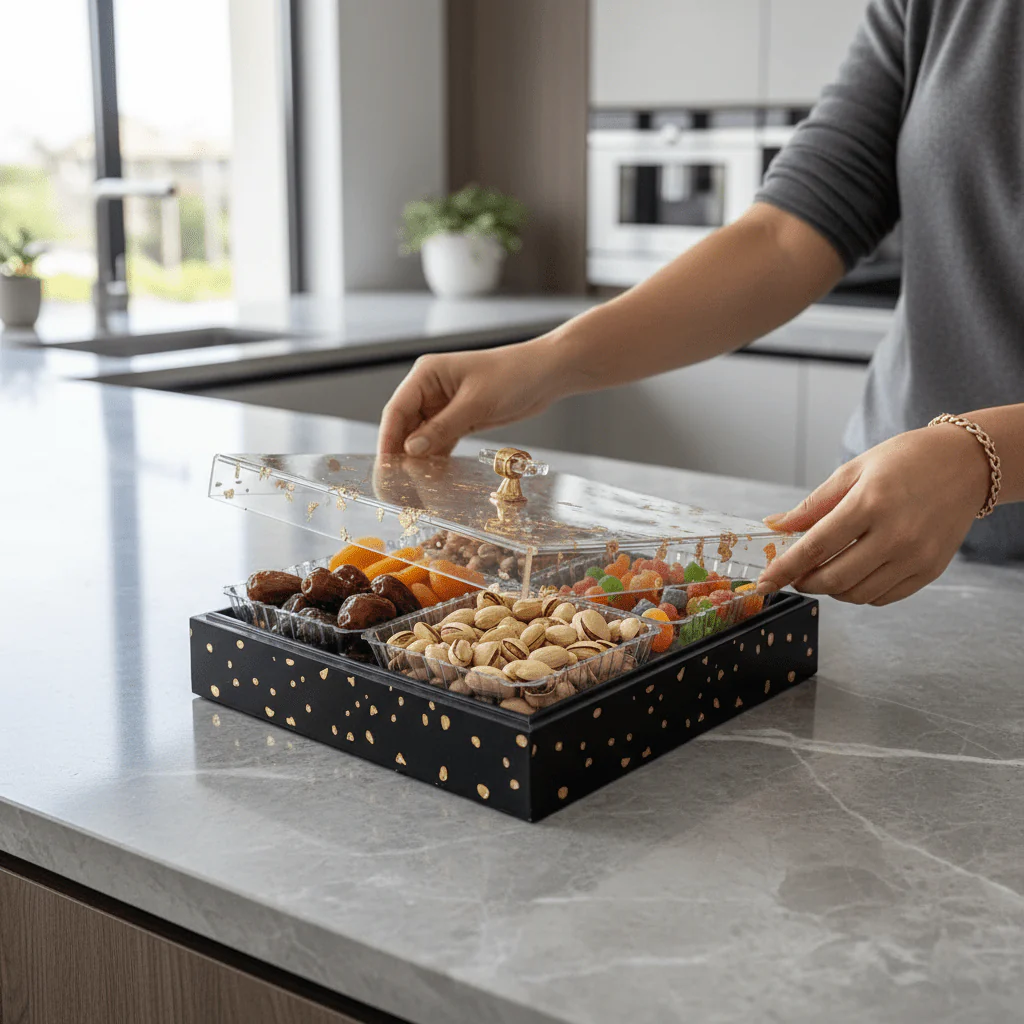 4-Piece Acrylic Crystal Candy Bowl Set with Black Wooden Tray & Gold Foil Lid | 24×24cm - Image 2