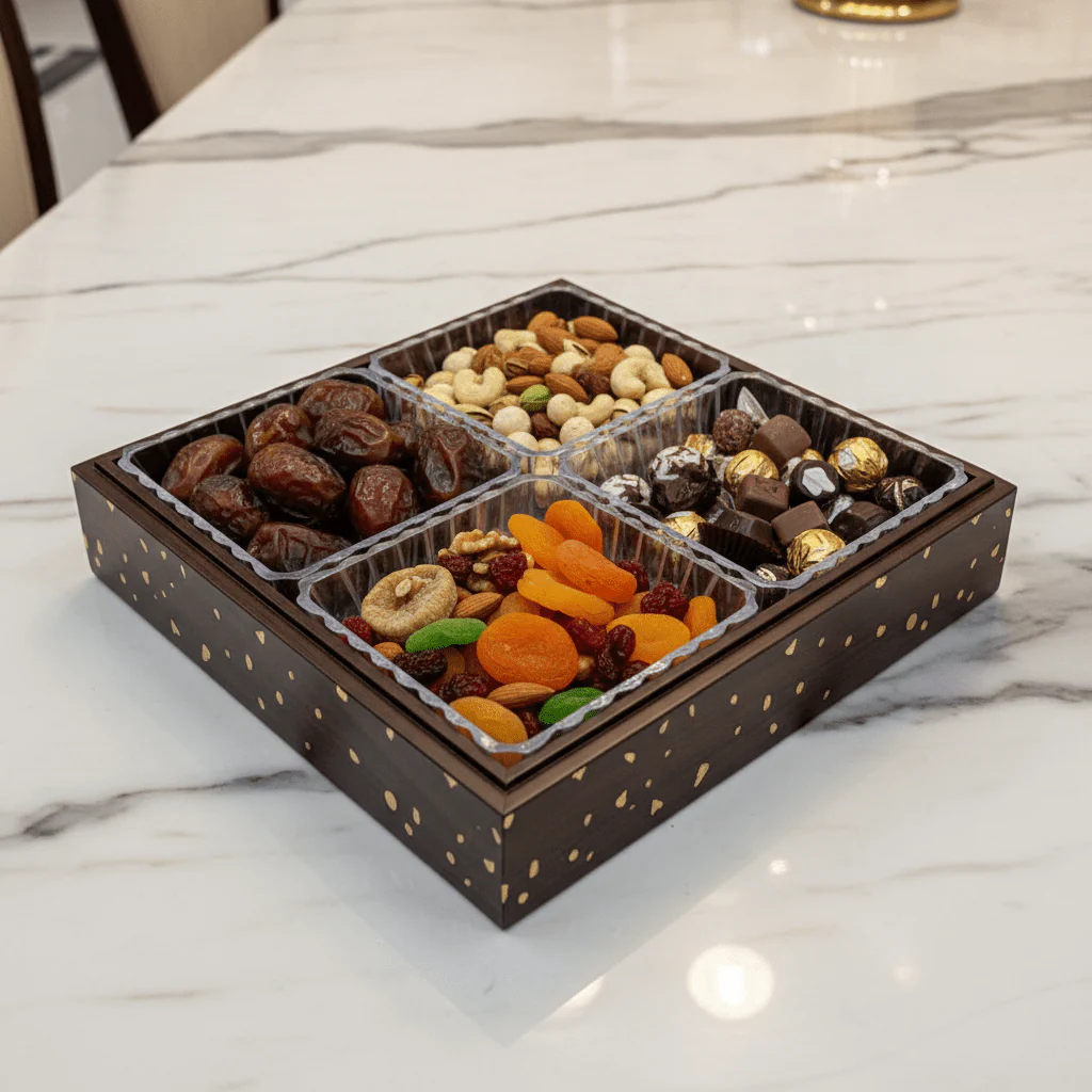 4-Piece Luxury Acrylic Crystal Candy Bowl Set with Brown Wooden Tray & Acrylic Lid | 24×24cm - Image 2