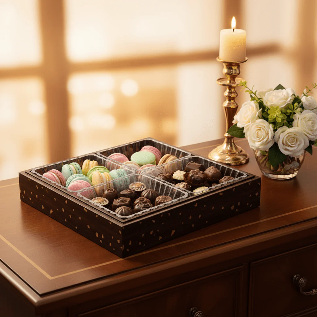 4-Piece Luxury Acrylic Crystal Candy Bowl Set with Brown Wooden Tray & Acrylic Lid | 24×24cm - Image 3