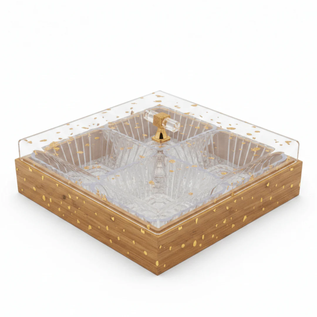 Luxury 4-Piece Crystal Acrylic Candy Bowl Set with Gold Flake Lid & Square Wooden Tray | 24×24cm