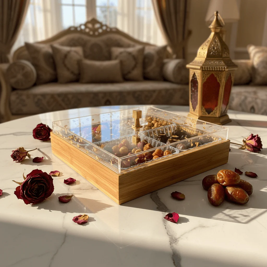 Luxury 4-Piece Crystal Acrylic Candy Bowl Set with Gold Flake Lid & Square Wooden Tray | 24×24cm - Image 3