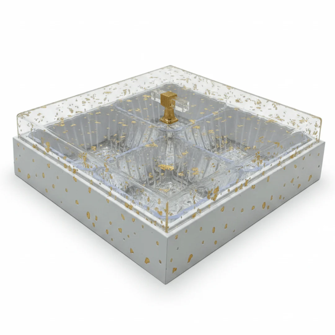 4-Piece Acrylic Crystal Candy Bowl Set with White Wooden Tray & Acrylic Lid — 24×24 cm