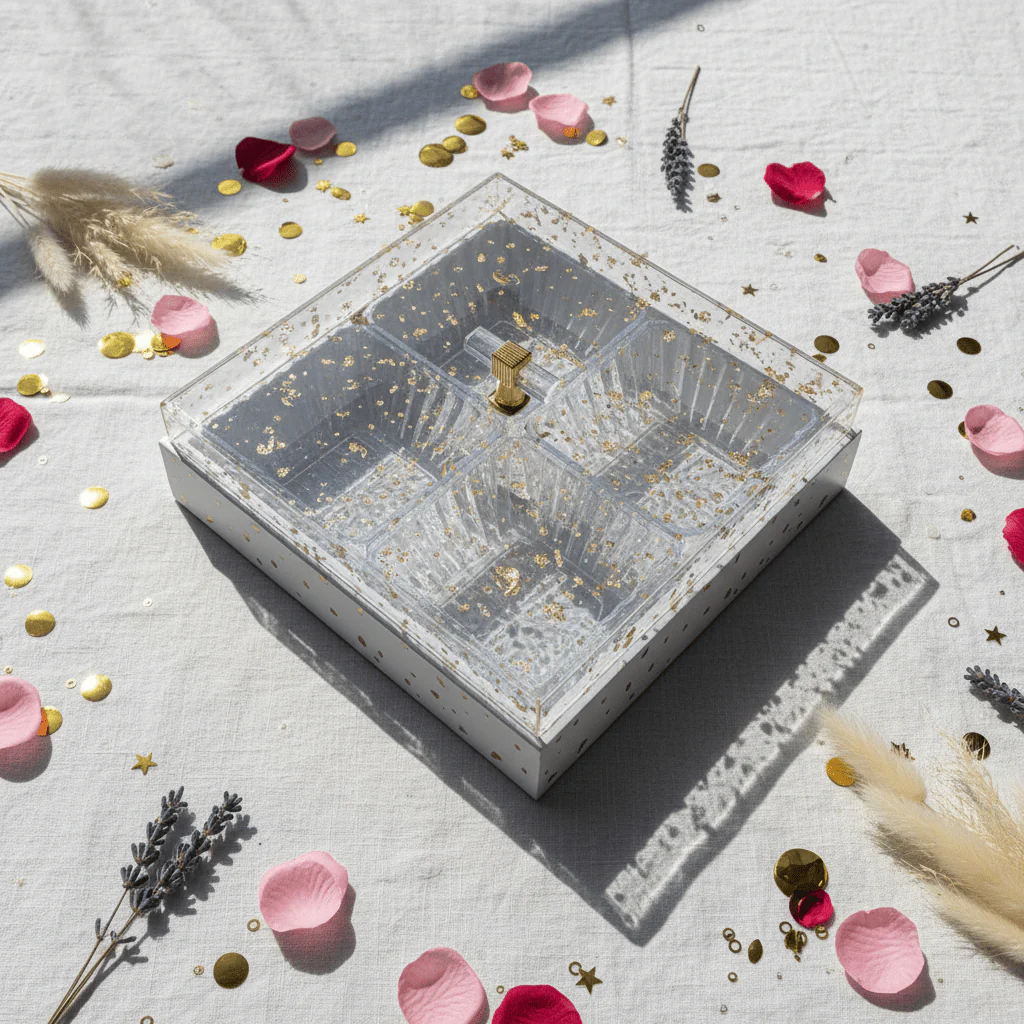 4-Piece Acrylic Crystal Candy Bowl Set with White Wooden Tray & Acrylic Lid — 24×24 cm - Image 4
