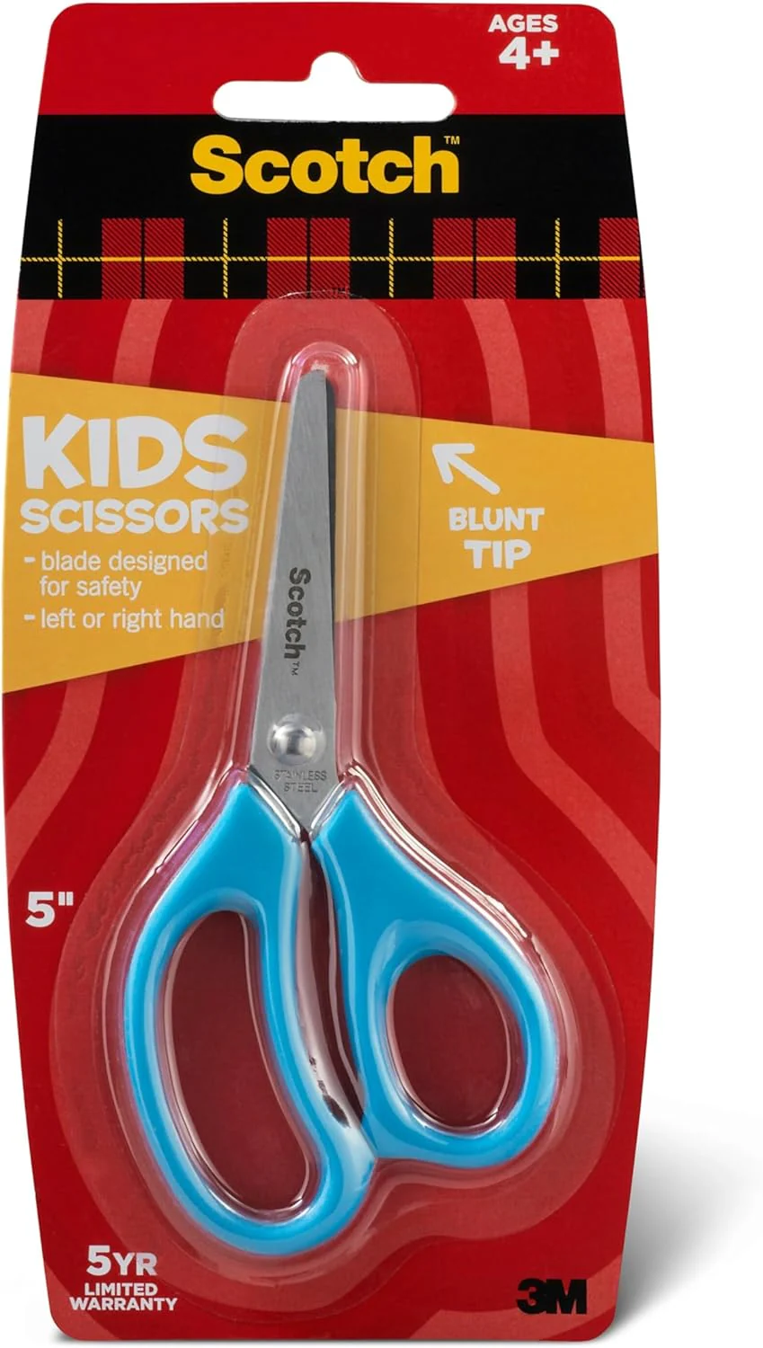 Scotch Kids Scissors 5 in (12cm), 1 scissor/pack | Assorted colors | Stainless Steel Blades | Blunt tip | Safe and Children Friendly | For paper and handcrafting | For school and Home | Scissors