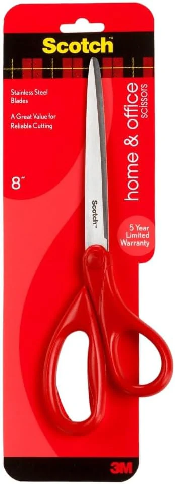 Scotch Universal Home & Office Scissors 8 inch (20 cm), 1 scissors/pack | Stainless Steel Blades | Red color | Multipurpose | Office, Home and School use | Scissors