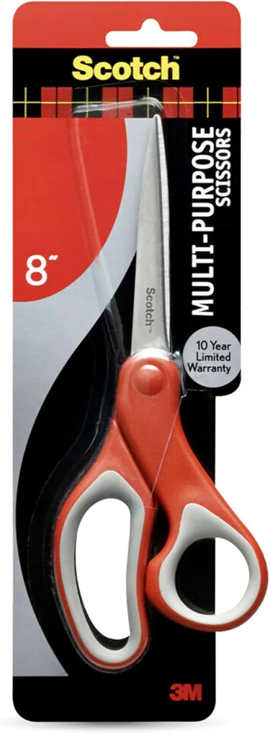 Scotch Multiporpose Scissors 8 inch (20 cm) | Stainless Steel Blades| Red and Grey color | Ergonomic Comfort Grip | Multipurpose | Office, Home and School use | Scissors | 1 scissors/pack
