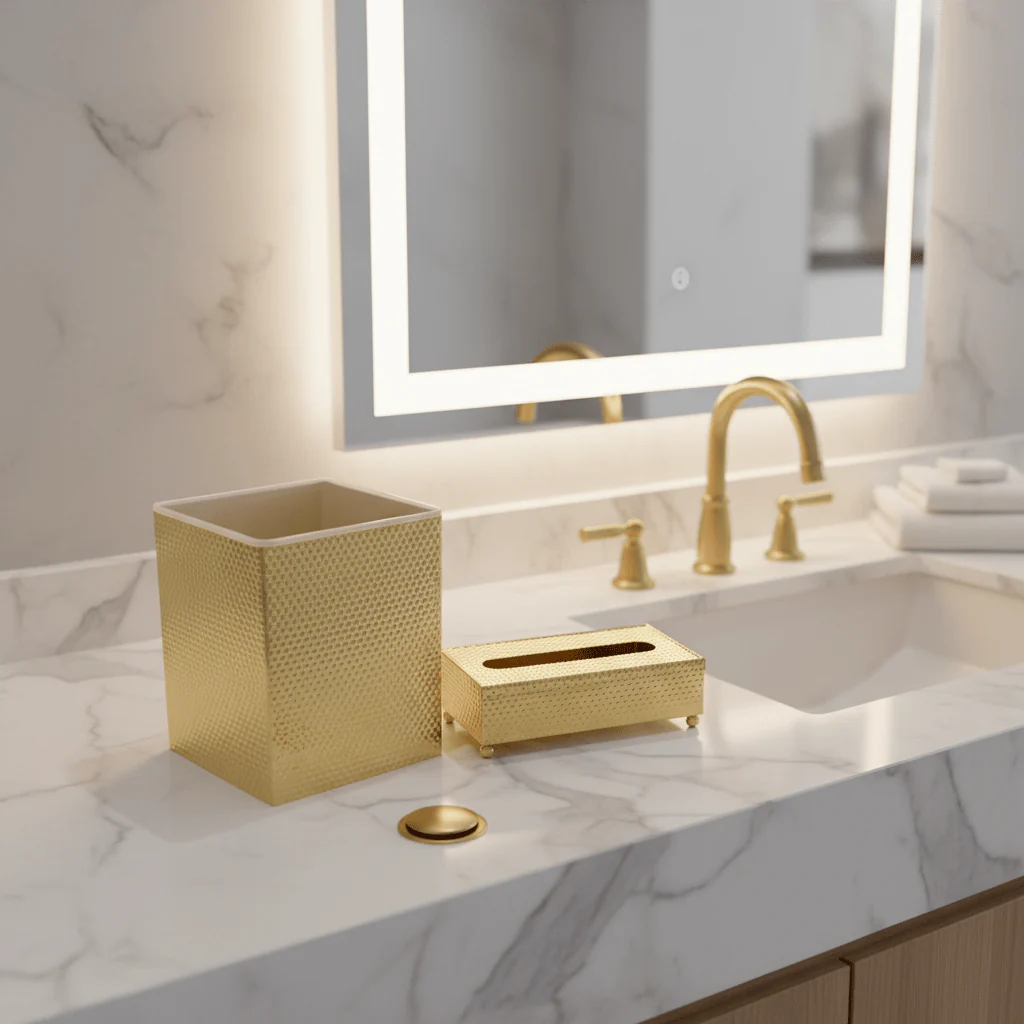 Acrylic Dustbin with Gold Metal Base and Dual Size Tissue Box Set – Premium Decorative Utility – 26 × 20 × 22 cm & 26 × 13 cm - Image 3