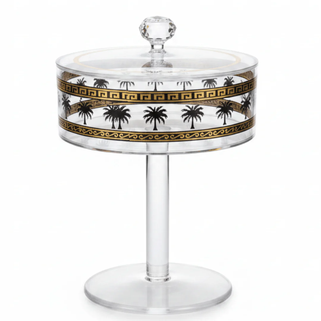 Yuniverse Acrylic Footed Candy Bowl with Lid Palm Tree Design | 20×25 cm | Crystal Lid