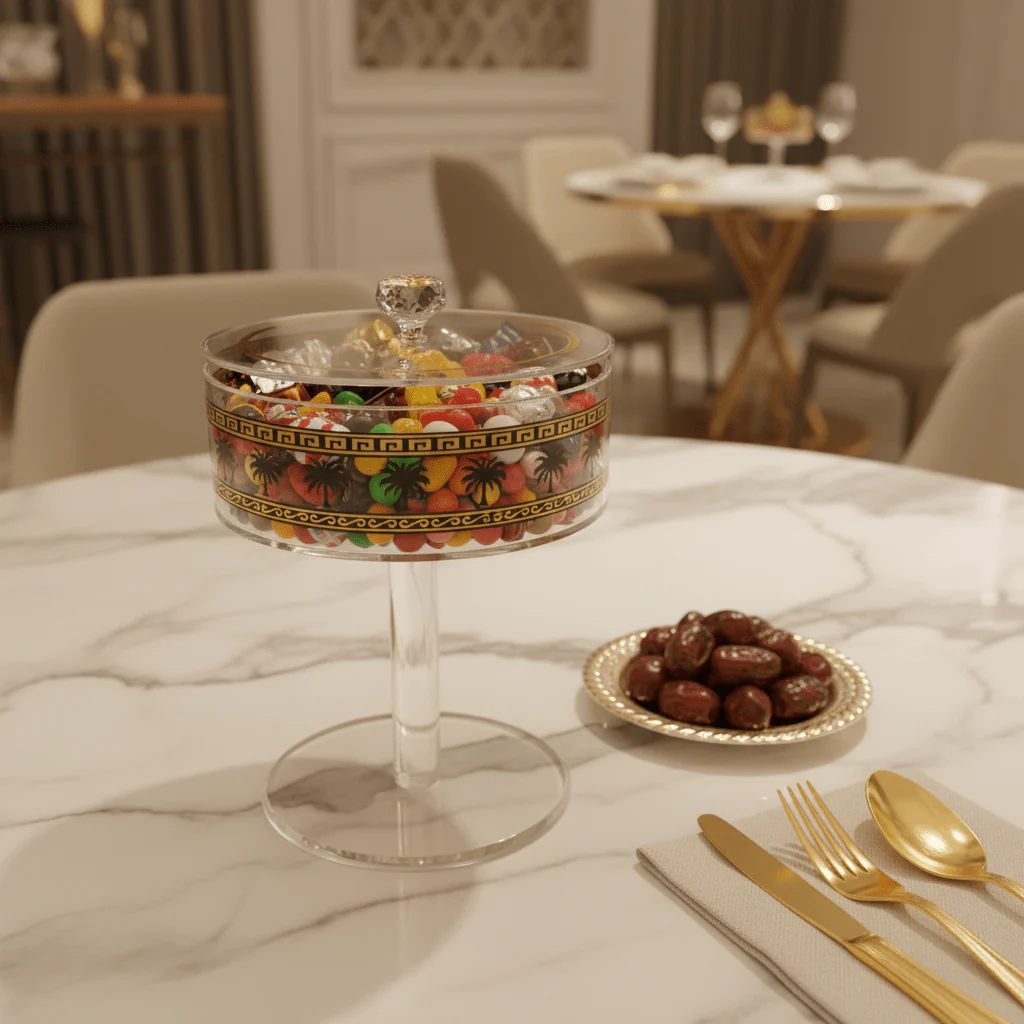 Yuniverse Acrylic Footed Candy Bowl with Lid Palm Tree Design | 20×25 cm | Crystal Lid - Image 3