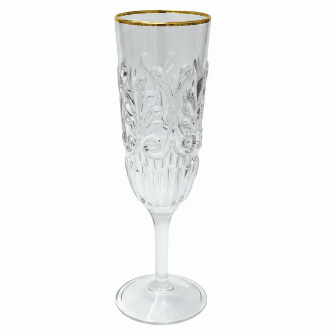 Acrylic Footed Stem Champagne Flute with Gold Rim | Baroque Embossed | 250ml