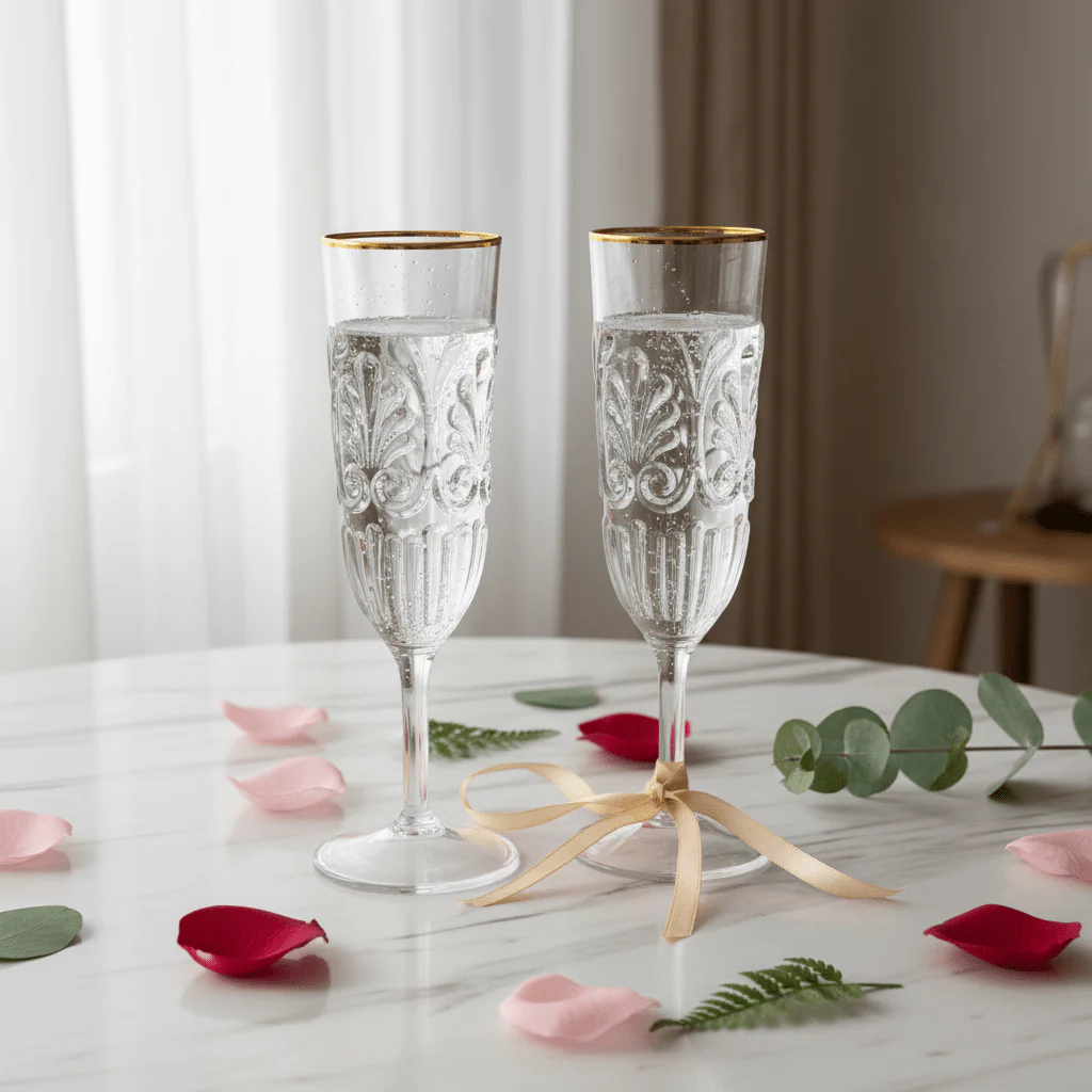 Acrylic Footed Stem Champagne Flute with Gold Rim | Baroque Embossed | 250ml - Image 4