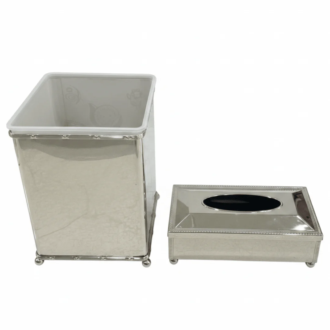 Acrylic Waste Bin with Silver Metal Base and Tissue Box Combo Set – Durable and Stylish – 28 × 21 cm & 26 × 13 cm