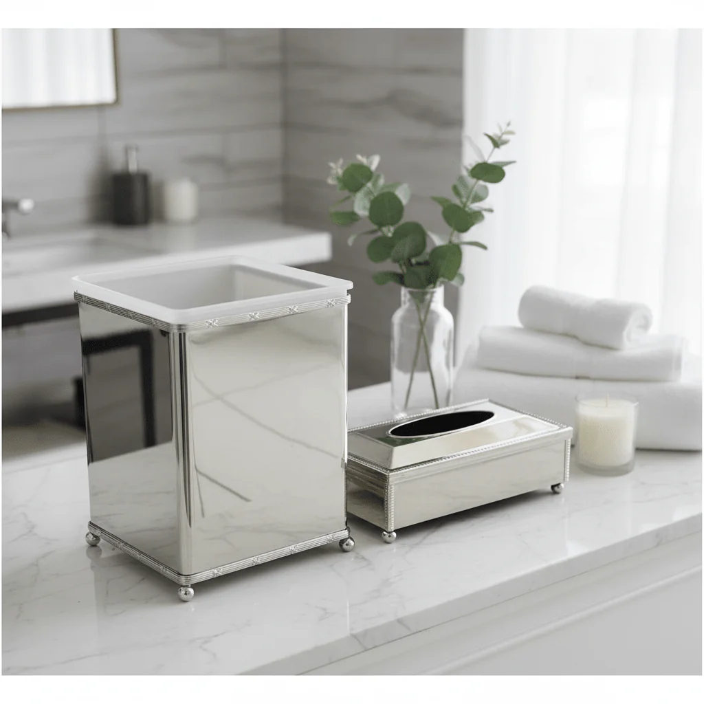 Acrylic Waste Bin with Silver Metal Base and Tissue Box Combo Set – Durable and Stylish – 28 × 21 cm & 26 × 13 cm - Image 2