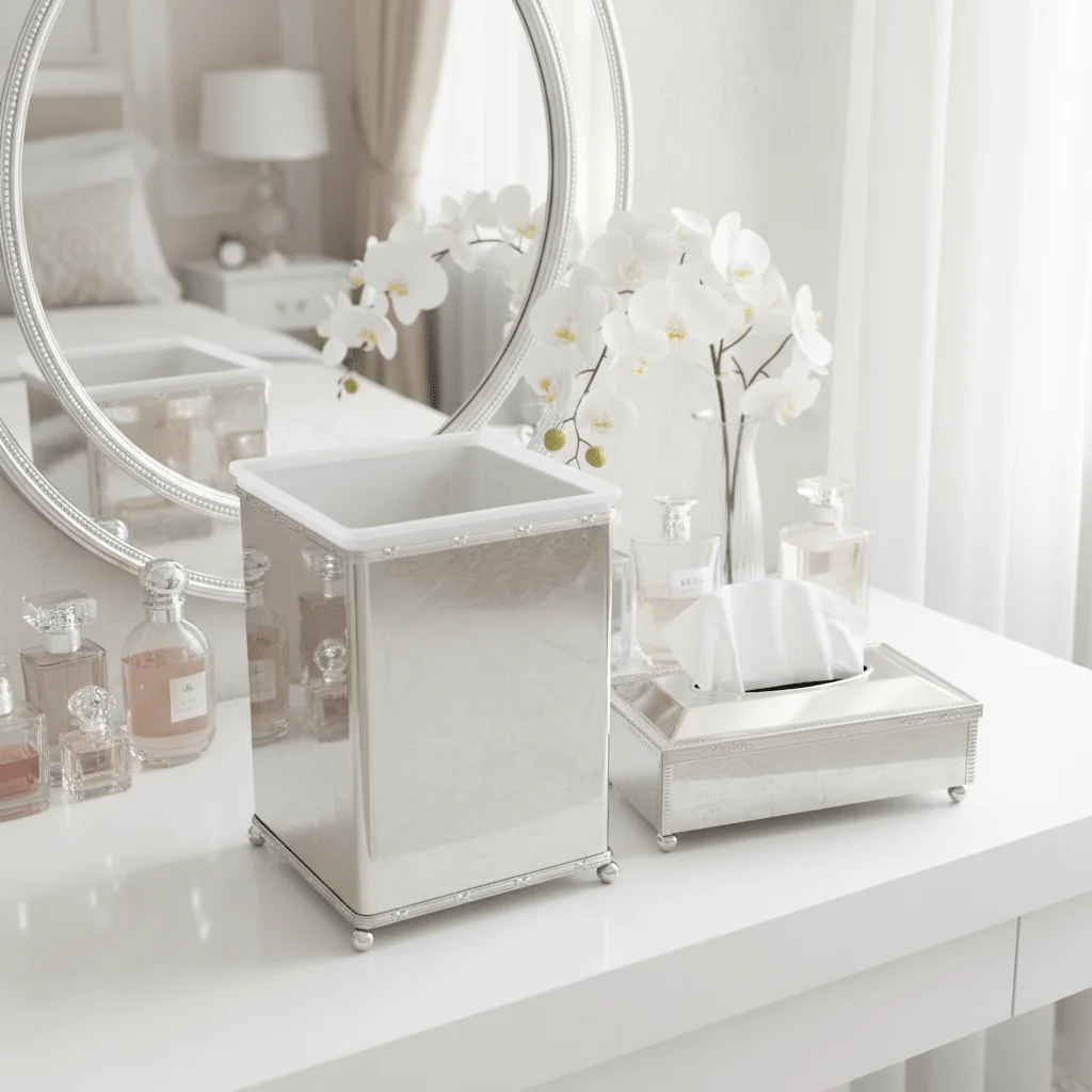 Acrylic Waste Bin with Silver Metal Base and Tissue Box Combo Set – Durable and Stylish – 28 × 21 cm & 26 × 13 cm - Image 4