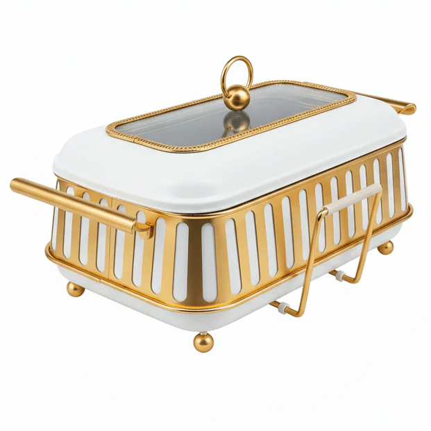 AFCO 2.2 Liter Rectangular Chafing Dish – Luxury White & Gold Food Warmer with Durable Plastic & Metal Frame and Tempered Glass Inner for Catering & Home Use - Image 4