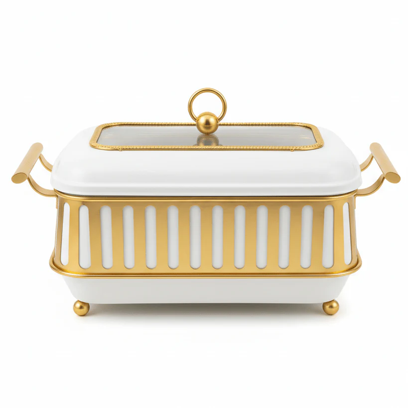 AFCO 3 Liter Rectangular Chafing Dish – Large Capacity White & Gold Buffet Server with Strong Outer Body and Removable Inner Glass Food Container