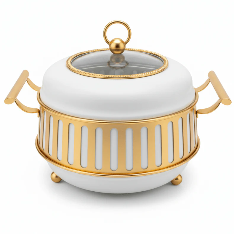 AFCO 3 Liter Round Chafing Dish – Stylish White & Gold Catering Food Warmer with Durable Body and Removable Inner Glass Container