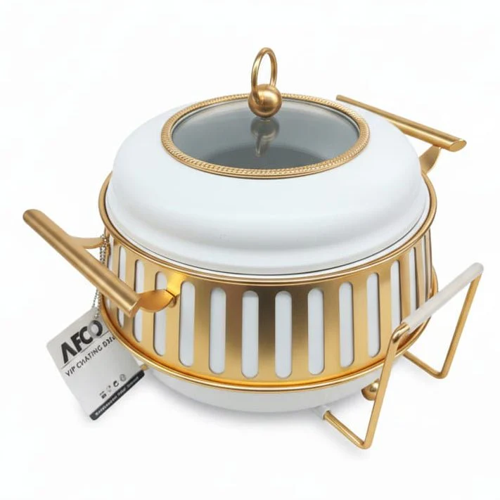 AFCO 3 Liter Round Chafing Dish – Stylish White & Gold Catering Food Warmer with Durable Body and Removable Inner Glass Container - Image 2