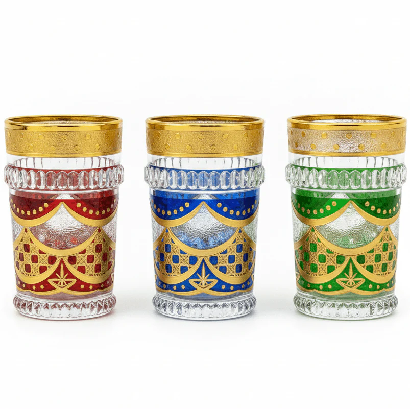 AFCO Moroccan Style Decorative Glass Tumbler Set of 3 | 175ml | Gold Enamel Tea Glasses