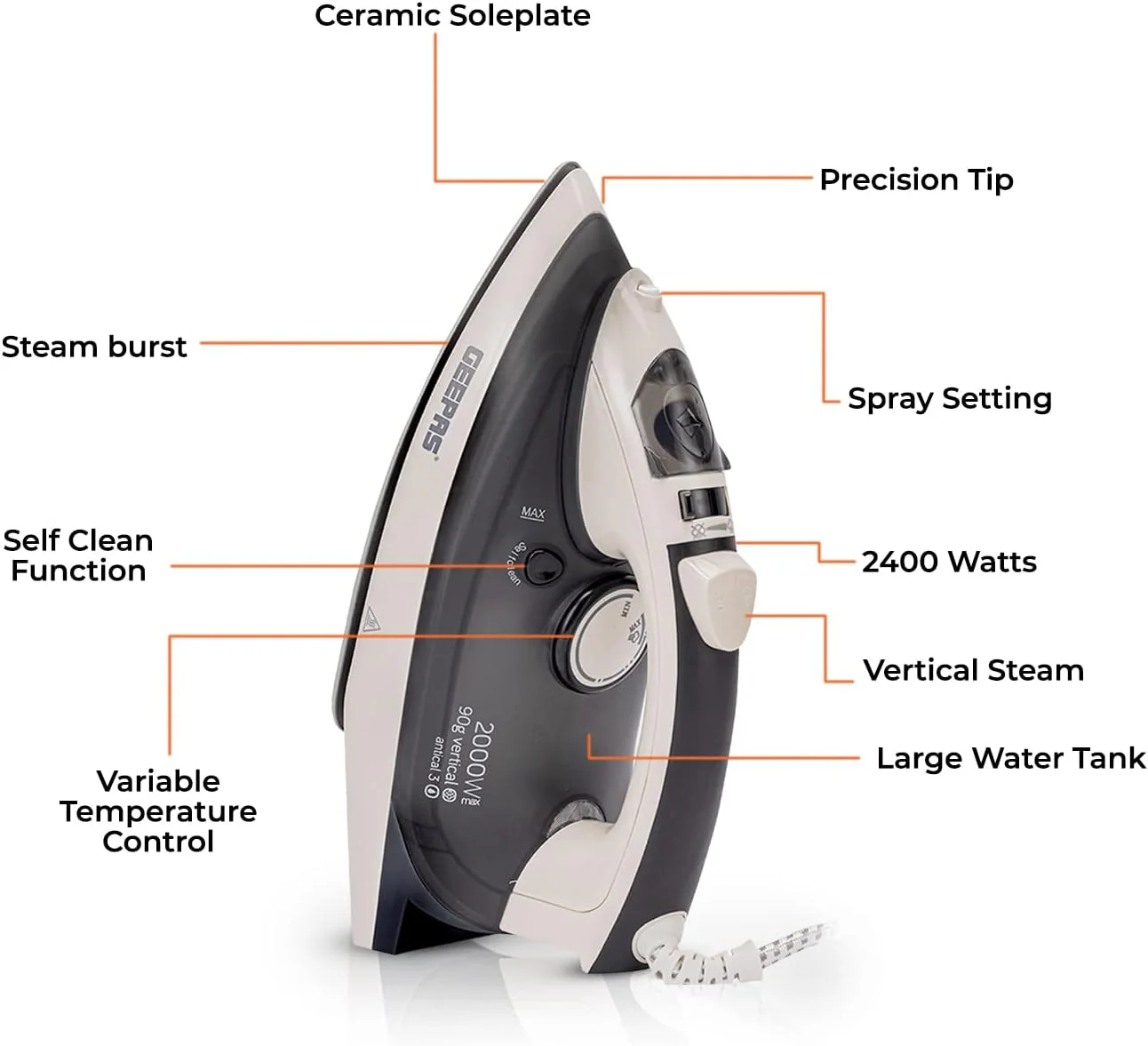 Geepas GSI7788 Ceramic Steam Iron 2000W- Temperature Control for Wet/Dry Crease Free Ironing | Steam Function & Self Cleaning Function - Image 2