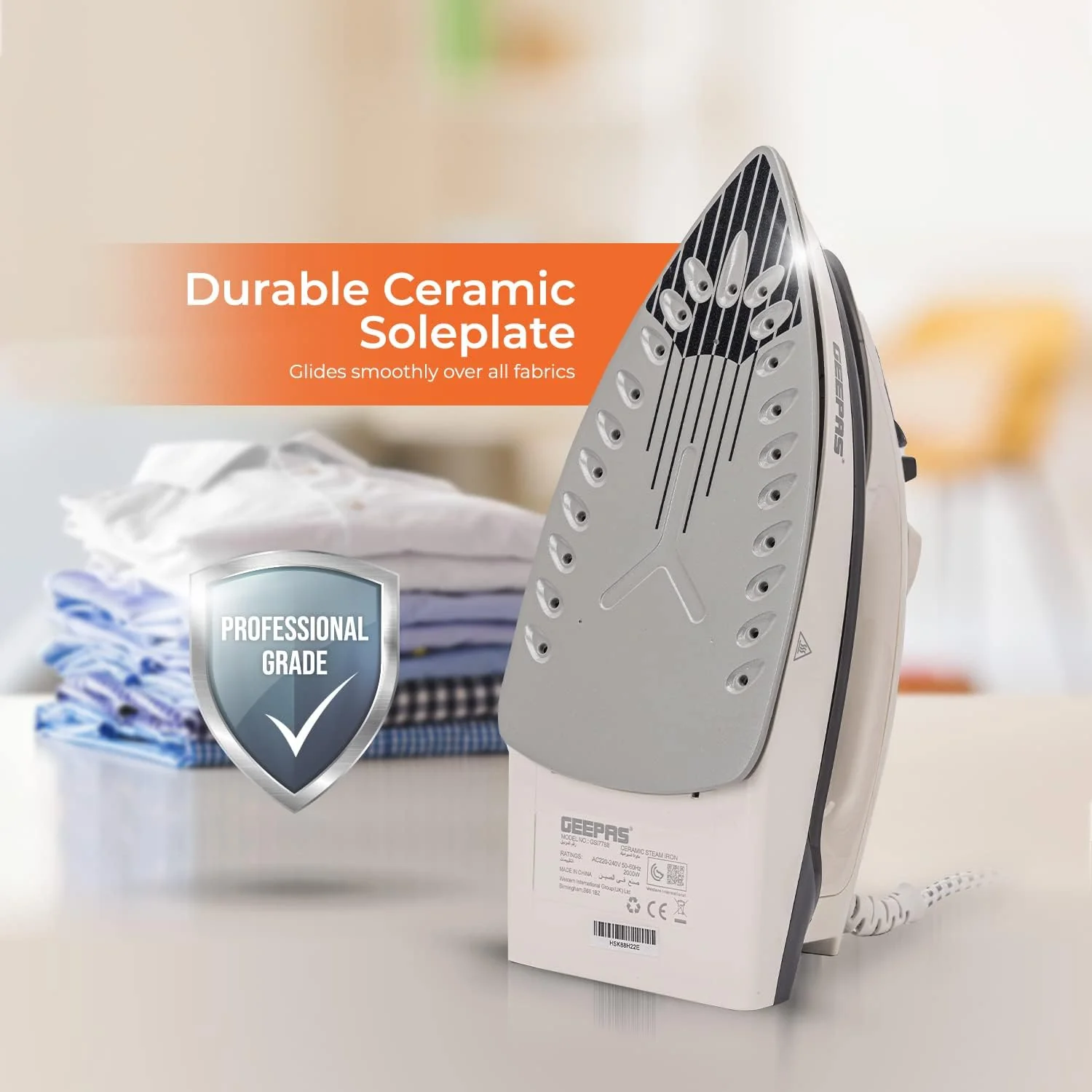 Geepas GSI7788 Ceramic Steam Iron 2000W- Temperature Control for Wet/Dry Crease Free Ironing | Steam Function & Self Cleaning Function - Image 4