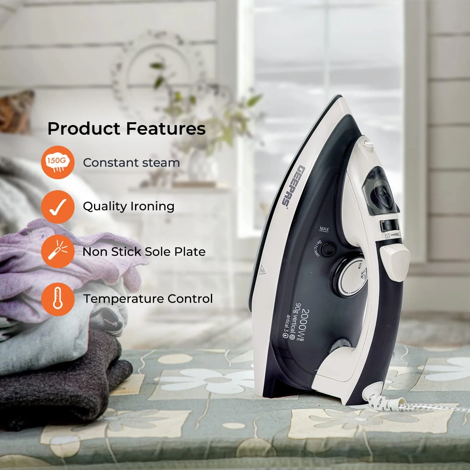 Geepas GSI7788 Ceramic Steam Iron 2000W- Temperature Control for Wet/Dry Crease Free Ironing | Steam Function & Self Cleaning Function - Image 6
