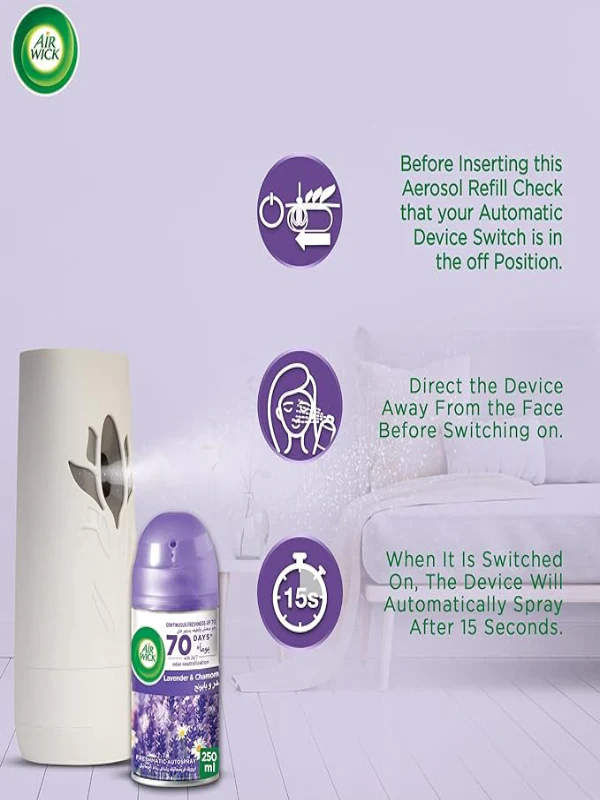 Air Wick Air Freshener Freshmatic Auto Spray Lavender & Chamomile Gadget and Refill, Eliminates Bad Odour like Cat Litter Smell, 250 ml (Pack of 2) - Image 2