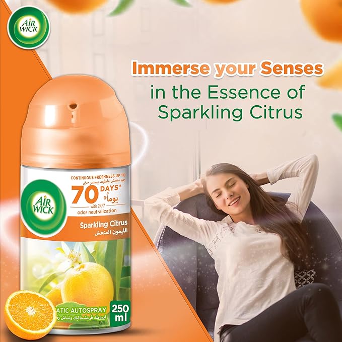 Air Wick Air Freshener Freshmatic Auto Spray Sparkling Citrus Gadget and Refill, Eliminates Bad Odour like Cat Litter Smell, 250 ml (Pack of 2) - Image 4