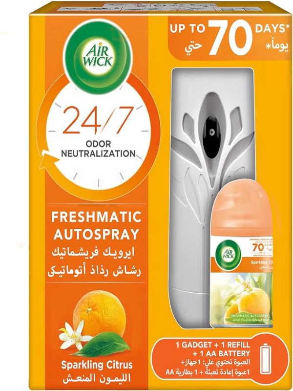 Air Wick Freshener Freshmatic Auto Spray Sparkling Citrus Gadget and Refill, Eliminates Bad Odour like Cat Litter Smell, 250 ml