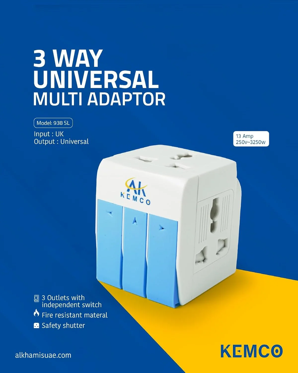 AK Kemco 3 Way Universal Multi Adapter Plug with switch AK-938sl - Image 4