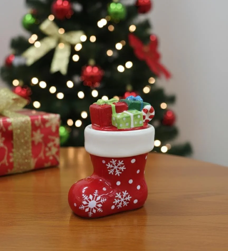 AKDC 12cm Red Ceramic Santa Shoe Candy Pot – Festive Decorative Jar for Christmas Treats & Holiday Table Décor