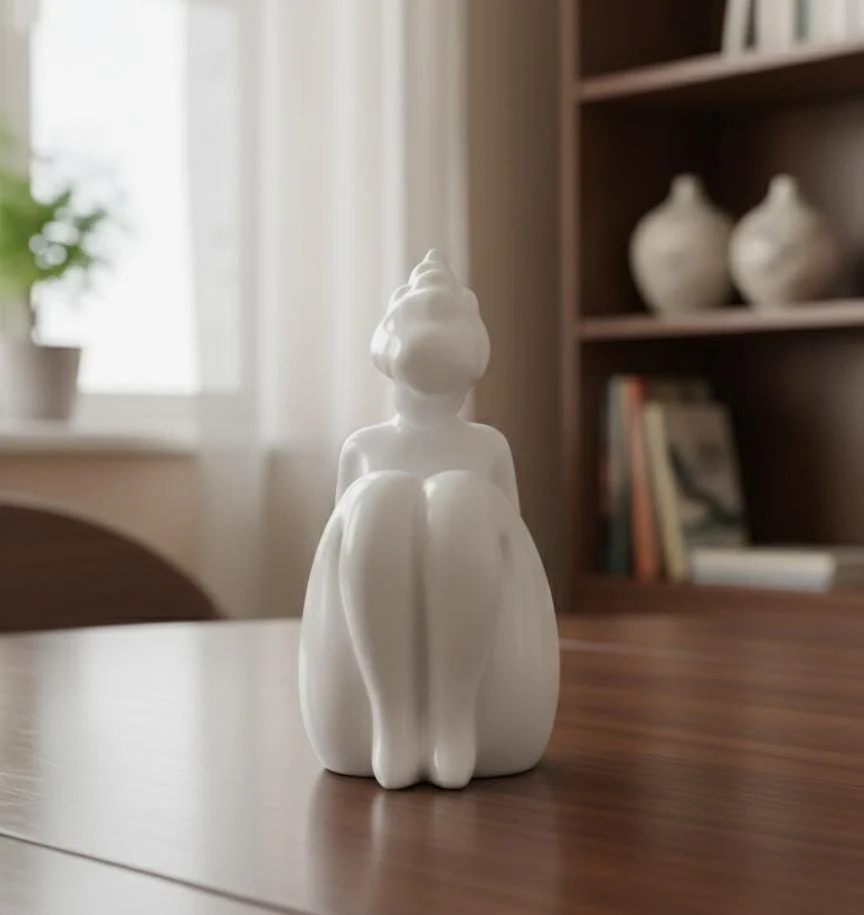 AKDC 19cm Ceramic Sitting Female Figurine in White | Elegant Artistic Sculpture for Living Room or Study