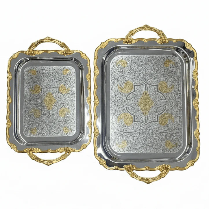 AKDC 2-Piece Rectangular Silver Stainless Steel Serving Tray Set with Golden Handles, Durable Food Tea & Beverage Serving Platters for Kitchen Dining Table & Home Use – 32 x 20 cm, 40 x 33 cm